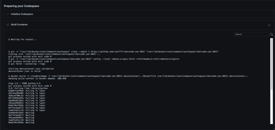 Codespaces build output